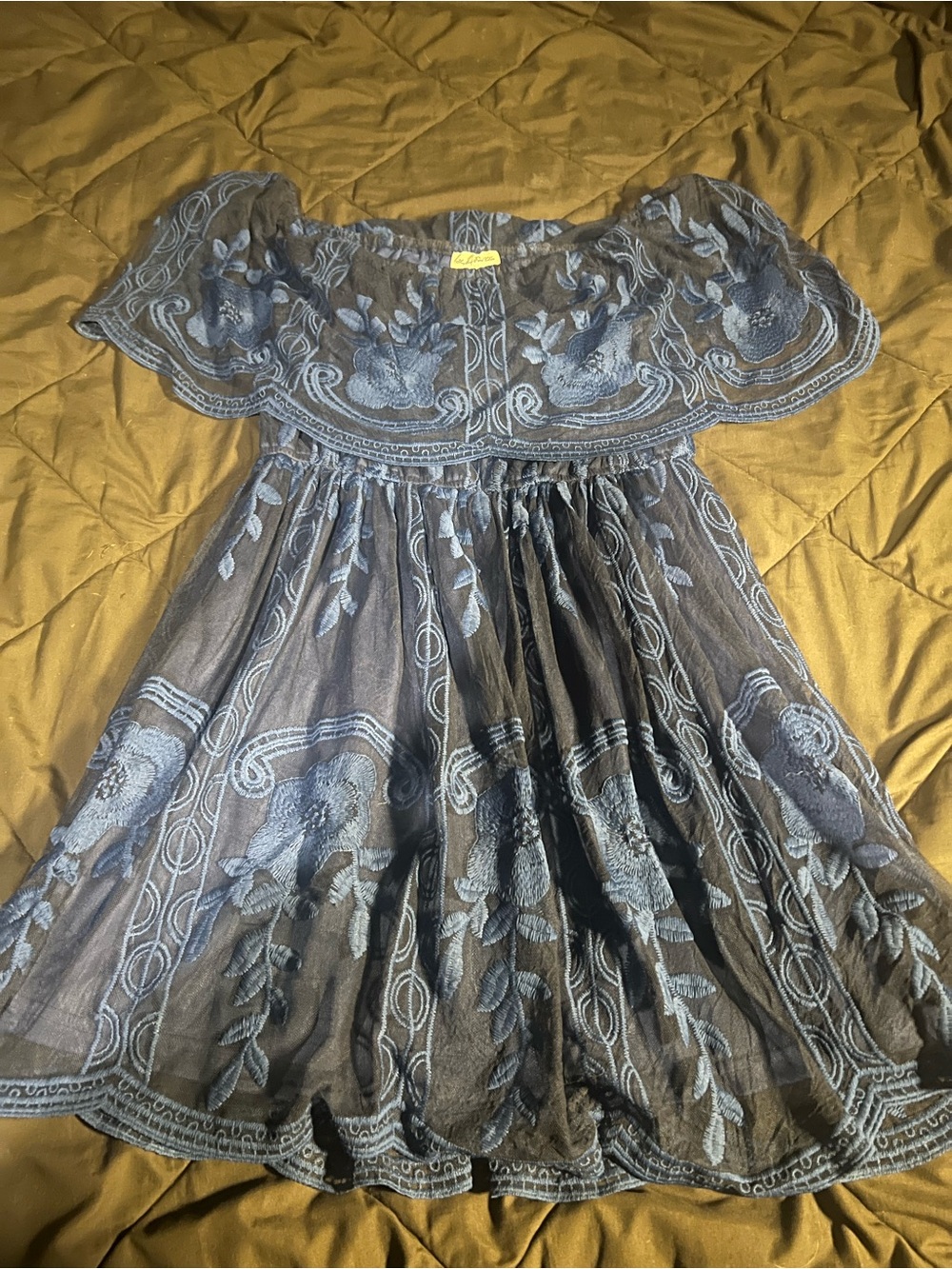 Off-Shoulder Embroidered Formal Dress in Slate Blue